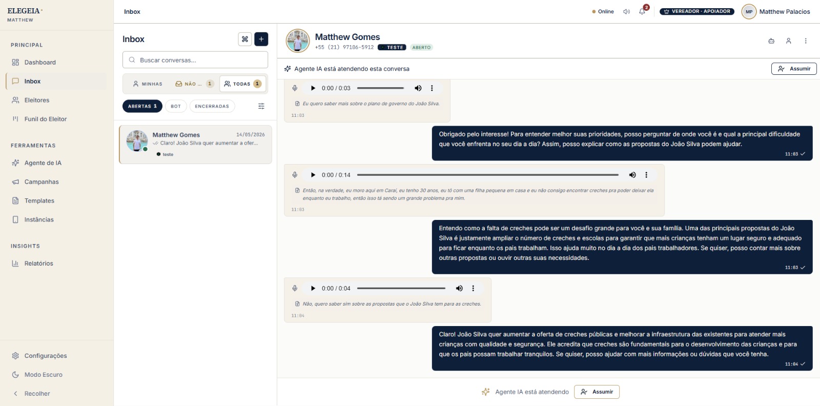 Interface do CRM Elege.ia com atendimento por inteligência artificial